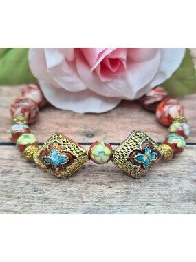 Vintage Unique Cloisonné Stretch Bracelet Floral & Gold Tone Beads One Size